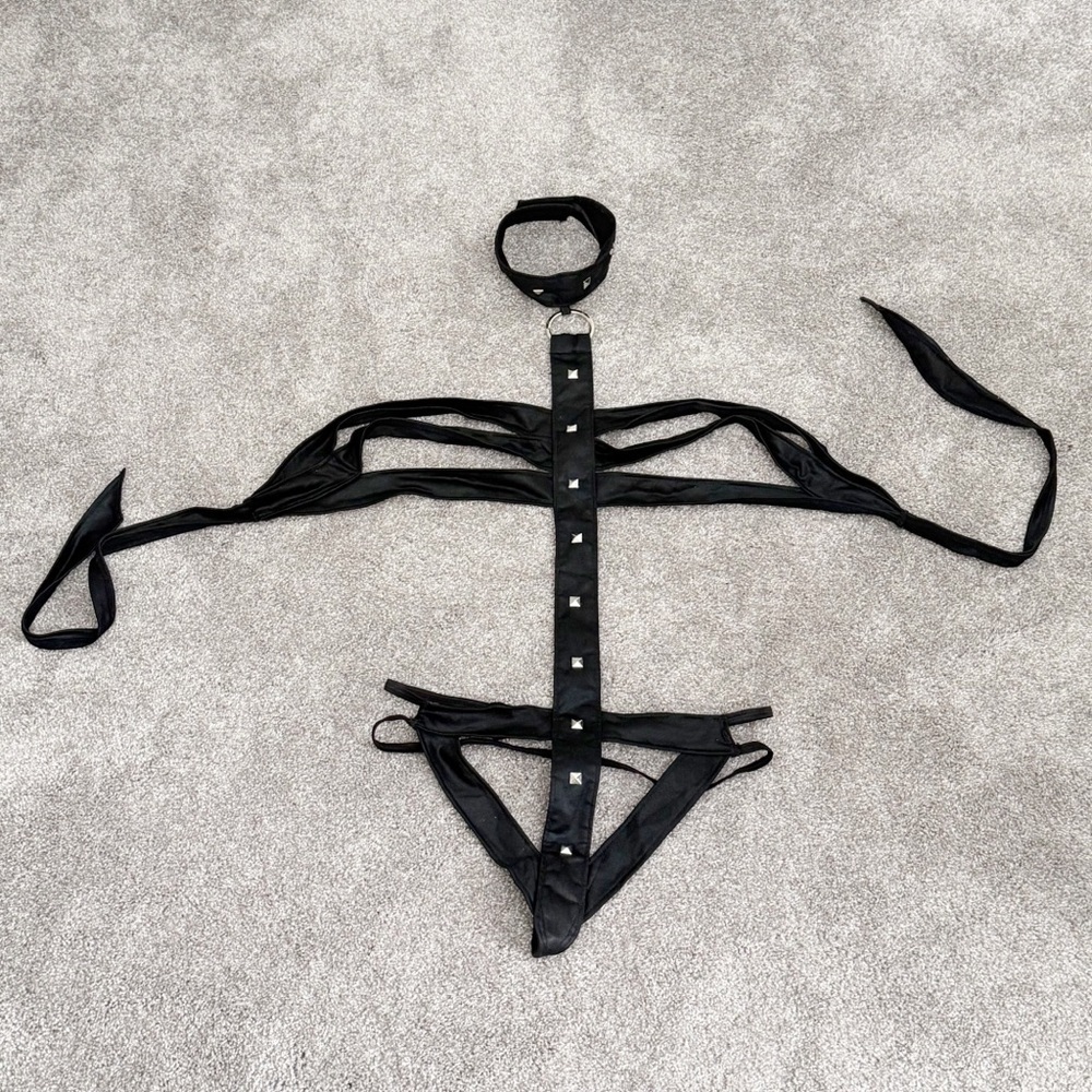 DREAMGIRL Women’s Black Stretch Studded Strappy One Piece Teddy Lingerie Sexy OS